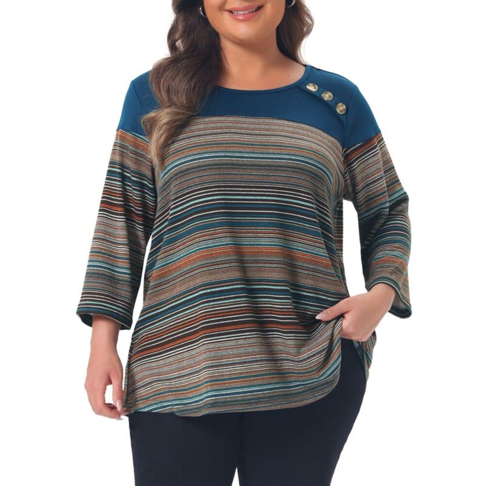 Womens Plus Size Tunic Casual Patchwork Crewneck Striped Blouses Blue
